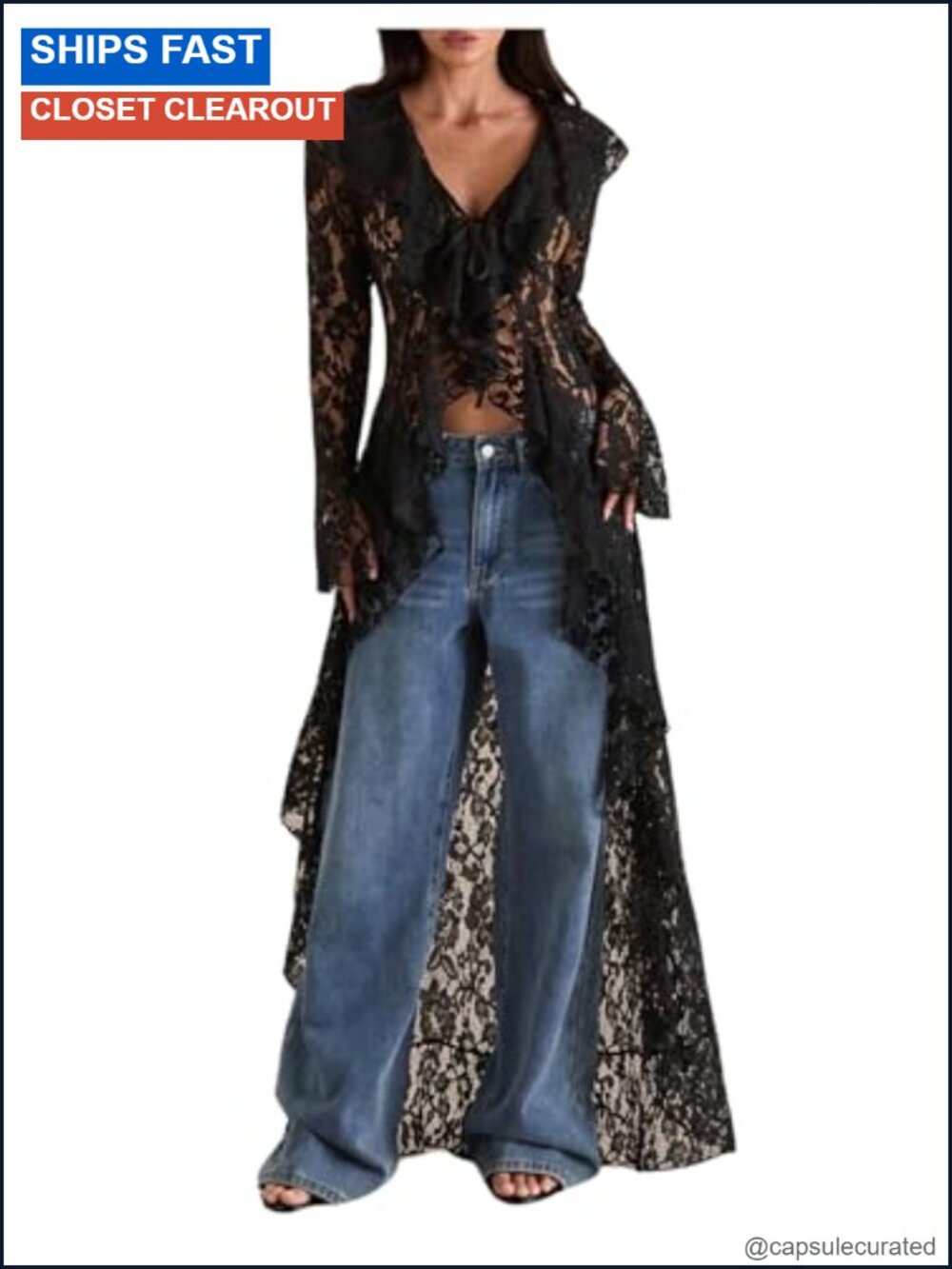 Womens V-Neck Lace Long Sleeve Blouse See Through Asymmetrical Ruffle Top